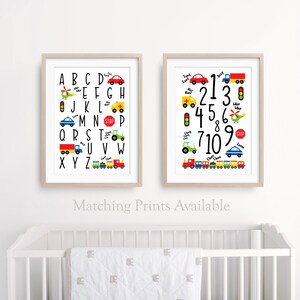 May include: Two printable posters with a white background and black outlines. The first poster features the alphabet with a different vehicle or traffic sign next to each letter. The second poster features the numbers 1-9 with a different vehicle or traffic sign next to each number. Both posters have the text "Choo Choo" at the bottom.
