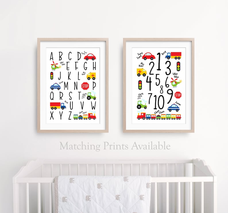 May include: Two printable posters with a white background and black outlines. The first poster features the alphabet with a different vehicle or traffic sign next to each letter. The second poster features the numbers 1-9 with a different vehicle or traffic sign next to each number. Both posters have the text "Choo Choo" at the bottom.