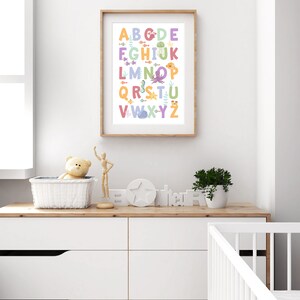 May include: A white framed print with a colorful alphabet featuring sea creatures and plants. The letters are in different colors and are surrounded by images of fish, jellyfish, seahorses, and seaweed. The print is hanging on a white wall above a white dresser with a wooden top.