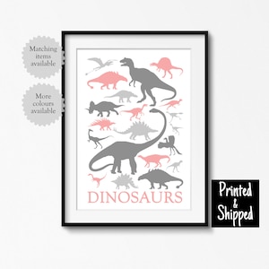 Póster de dinosaurio rosa y gris con impresión para dormitorio de niñas, sala de juegos, guardería, arte de pared, decoración para niños pequeños, 5 x 7, 6 x 8, 8 x 10, A4, 11 x 14, A3, 30 x 40 cm