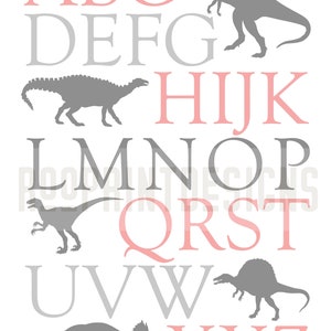 Girls Dinosaur Alphabet Print Pink Grey Poster Bedroom Playroom Nursery ...