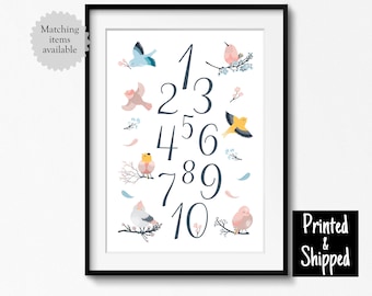 Bird Numbers Art Print Scandi Style Scandinavian Nursery Wall Art Decor Girls Kids Toddler Bedroom Playroom Play Room 8x10 A4 11x14 A3 30x40