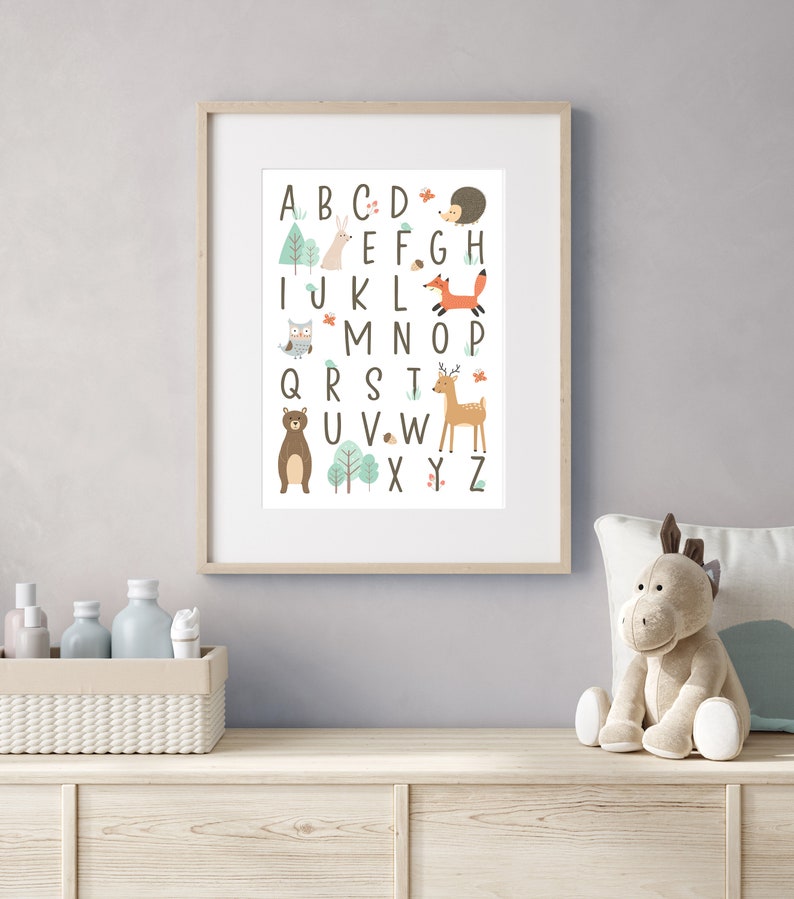 Woodland Alphabet Print Forest Animal ABC Boy Girl Kids Toddler Neutral Mint Wall Decor Bedroom Playroom Play Nursery 8x10 A4 11x14 A3 30x40 image 6