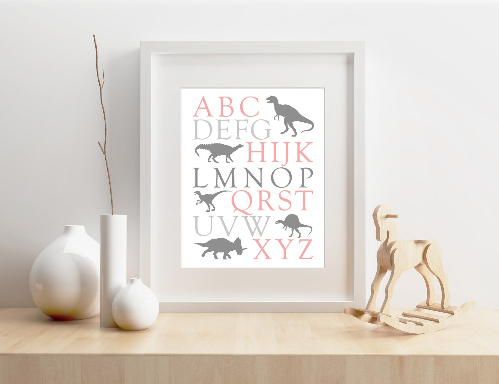 Girls Dinosaur Alphabet Print Pink Grey Poster Bedroom Playroom Nursery ...