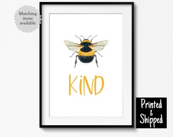 Bee Kind Art Print Poster Sweet Nature Nursery Decor Cute Yellow Bumblebee Kids Boy Girl 5x5 5x7 6x8 7x7 8x10 12x12 11x14 A4 A3 30x40