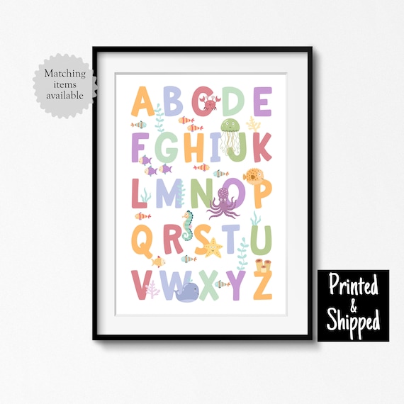 Sea Alphabet Print Ocean Life Water Creatures Nursery Kids Toddler Childrens Childs Wall Decor Bedroom Playroom 5x7 8x10 A4 11x14 A3 30x40