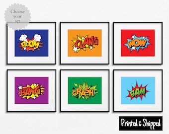 Comic Book Words Print Set Pow Bang Pop Art Style Kids Toddler Childrens Childs Wall Decor Bedroom Playroom Play 5x5 5x7 7x7 8x6 8x10 A4