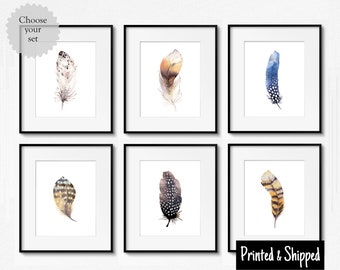 Feather Print Set Watercolour Feathers in Yellow Brown Pink Blue Pretty Chic Colourful Boho Wall Art Kids Nursery 5x5 5x7 6x8 7x7 A4 8x10