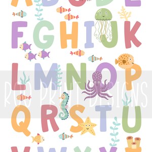 May include: A colorful alphabet poster with ocean-themed illustrations. Each letter is paired with a sea creature, such as a crab, jellyfish, octopus, and seahorse. The letters are in pastel colors, and the illustrations are in bright colors.
