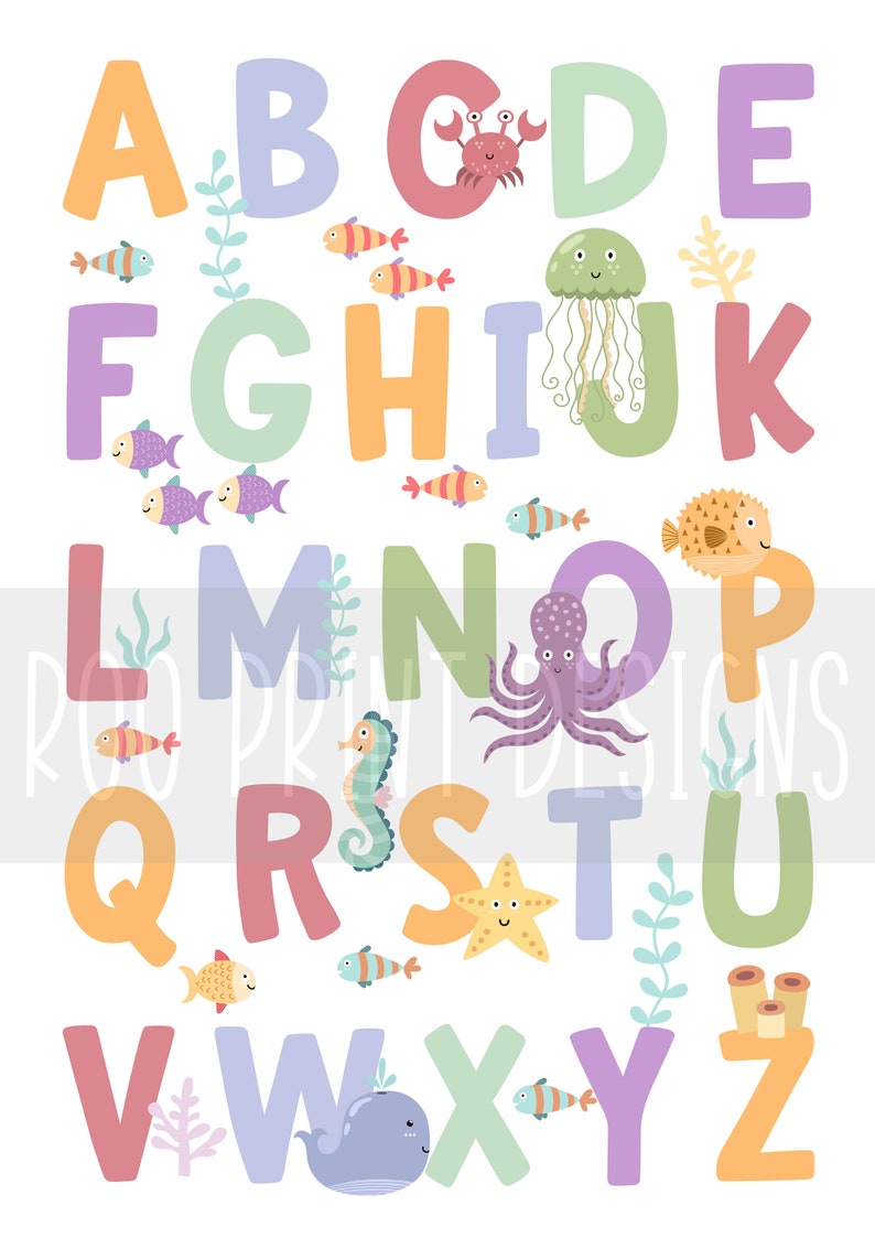 May include: A colorful alphabet poster with ocean-themed illustrations. Each letter is paired with a sea creature, such as a crab, jellyfish, octopus, and seahorse. The letters are in pastel colors, and the illustrations are in bright colors.