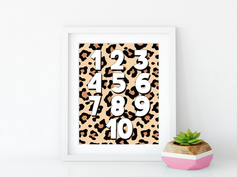 Leopard Print Number Poster Neutral Kids Animal Playroom Bedroom Wall ...