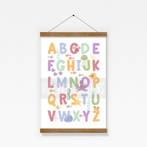 May include: A colorful alphabet poster with sea creatures. The letters are in a rainbow of colors, and each letter is paired with a different sea creature, such as a crab, jellyfish, octopus, and starfish.
