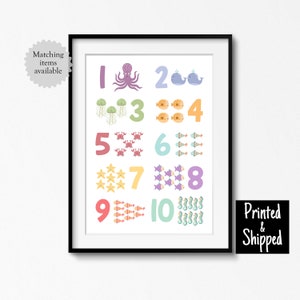 Impresión de números de animales del océano para contar, divertida impresión marina para niños, bebés, niños pequeños, pared, dormitorio, sala de juegos, guardería, 5 x 7, 8 x 10, A4, 11 x 14, A3, 30 x 40