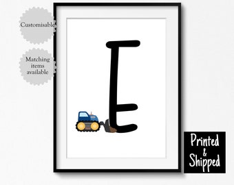 Navy Blue Initial Print Cute Letter Poster Construction Name Wall Art Big Boys Kids Toddler Play Room Decor 5x7 6x8 8x10 11x14 A4 A3 30x40cm