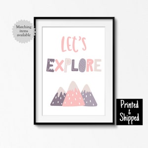 Stampa di montagna scandinava rosa e viola Esploriamo la cameretta dei bambini, bambine, bambini piccoli, arte murale per bambini, cameretta dei bambini, 5x7, 6x8, 8x10, A4, 11x14, A3, 30x40