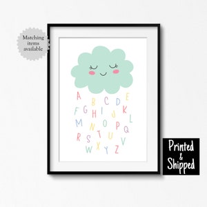 Impresión del alfabeto de nubes, lindo clima, arcoíris, nube de lluvia, ABC, decoración de guardería para niño y niña, dormitorio, sala de juegos, arte de pared de 8 x 10, 11 x 14, A4, A3, 30 x 40 cm