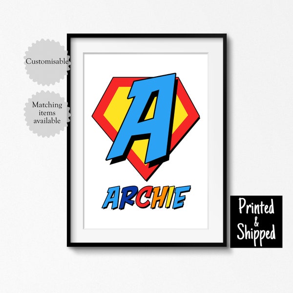 Personalised Superhero Name Print Cute Monogram Kids Poster Toddler Gift Letter Initial Boys Playroom Room 5x7 6x8 8x10 11x14 A4 A3 30x40cm