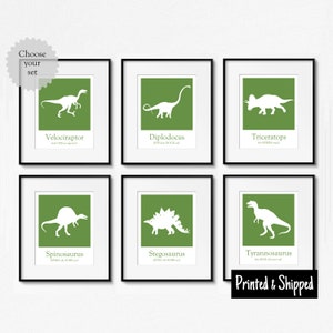 Juego de impresiones de dinosaurios verdes, impresiones con nombres de dinosaurios, arte de pared para dormitorio de niños, decoración de habitación de dinosaurios, carteles de color verde brillante de 5 x 7, 6 x 8, 8 x 10, A4, 11 x 14, A3, 30 x 40