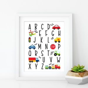 May include: A colorful alphabet chart featuring vehicles and transportation. Each letter of the alphabet is paired with a different vehicle, such as a car, truck, helicopter, ambulance, and train. The letters are in black and the vehicles are in bright colors. The chart is perfect for teaching children the alphabet.