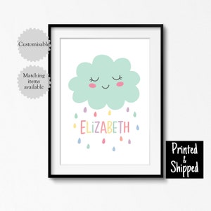 Impresión de nombre de nube de lluvia, regalo personalizado para bebé nuevo, decoración de guardería con clima de arcoíris, arte de pared para niños pequeños, póster para dormitorio infantil, sala de juegos para niños