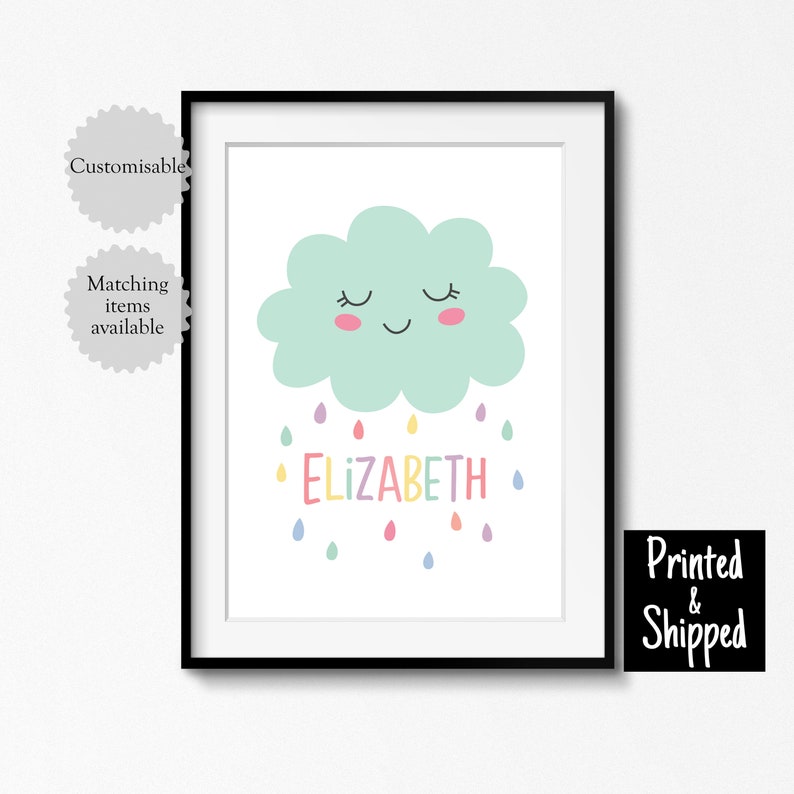 Rain Cloud Name Print Personalised New Baby Gift Rainbow Weather Nursery Decor Toddler Wall Art Childrens Bedroom Poster Kids Playroom image 1