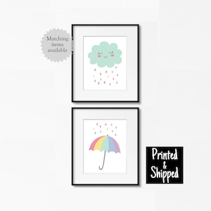 Conjunto de dos impresiones con un bonito clima: paraguas, nubes de lluvia, arcoíris, decoración de pared neutra para habitación de bebé de niña, 5 x 5, 5 x 7, 6 x 8, 7 x 7, 8 x 10, 11 x 14, A4, A3, 12 x 12, 30 x 40 cm