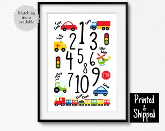 Transport Numbers Print Counting Transportation Nursery Wall Art Decor Boys Baby Kids Toddler Childs Bedroom Playroom 8x10 A4 A3 11x14 30x40