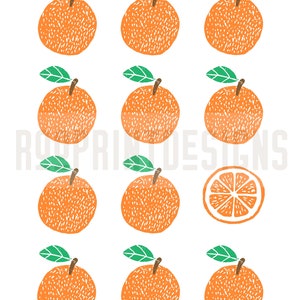 May include: A digital illustration of 11 oranges with green leaves. One orange is cut in half, showing the inside of the fruit. The oranges are drawn in a simple, stylized manner, with a textured surface.