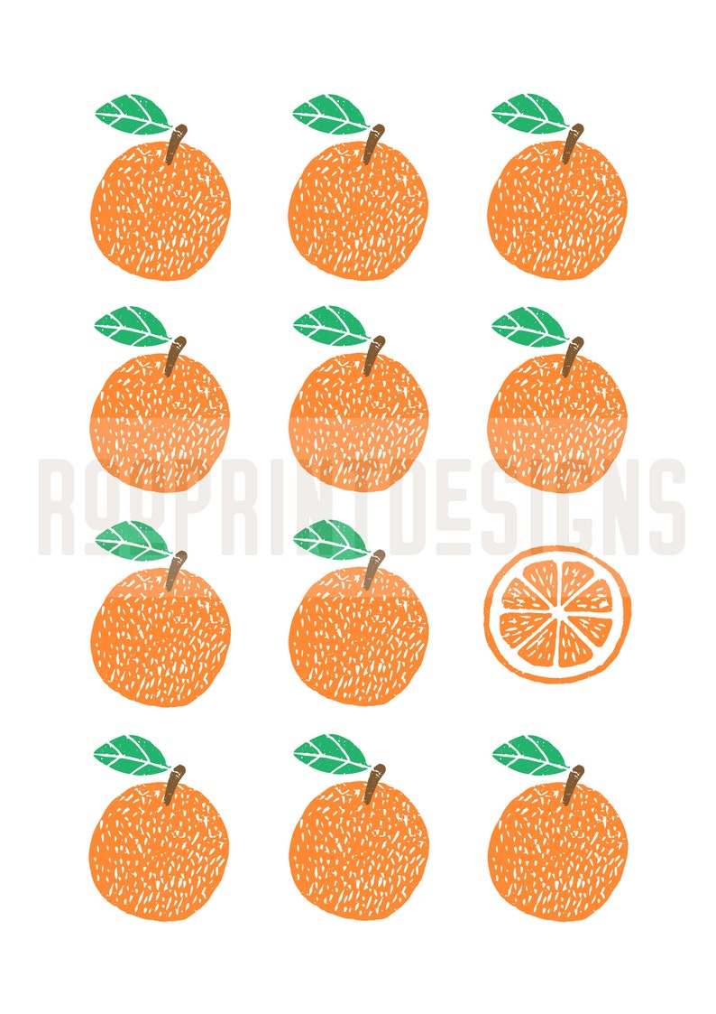 May include: A digital illustration of 11 oranges with green leaves. One orange is cut in half, showing the inside of the fruit. The oranges are drawn in a simple, stylized manner, with a textured surface.