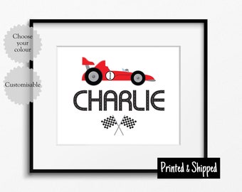 Racing Car Name Print Personalised Race Car Gift Colourful Kids Boys Toddlers Wall Art Custom Room Bedroom 5x7 6x8 8x10 11x14 A4 A3 30x40