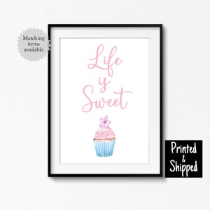 Impresión artística La vida es dulce, elegante póster de arte de pared rosa para cocina, guardería, regalo para niña, dormitorio infantil, habitación de bebé, 5 x 7, 6 x 8, 8 x 10, A4, 11 x 14, A3, 30 x 40