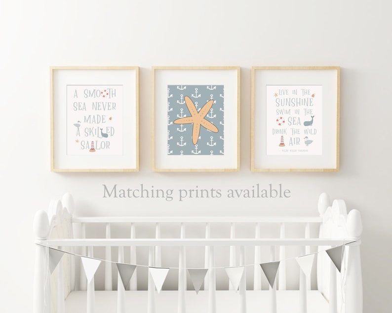 May include: Three framed prints with nautical themes. The left print has a quote about sailing, the middle print has a starfish on a blue background with anchors, and the right print has a quote about the sea and sunshine.
