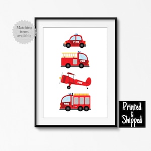 Stampa artistica di camion dei pompieri, veicoli dei pompieri, veicoli di emergenza, decorazione da parete per bambini piccoli, bambini, stanza dei giochi per bambini, 5x7, 6x8, 8x10, A4, 11x14, A3, 30 x 40 cm