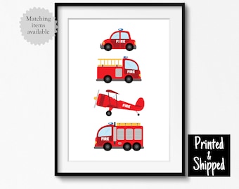 Fire Trucks Art Print Fire Vehicles Emergency Vehicle Wall Art Decor Toddler Boys Baby Kids Childs Playroom 5x7 6x8 8x10 A4 11x14 A3 30x40cm