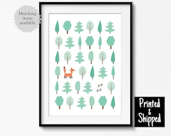 Scandi Tree Print Forest Woodland Nursery Toddler Fox Wall Art Decor Boys Girls Kids Trees Wood 5x7 6x8 8x10 11x14 A4 A3 30x40cm printed