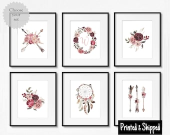 Pretty Boho Floral Print Set Personalised Pink Burgundy Maroon Blush Nursery Wall Art Girls Bedroom 5x5 5x7 6x8 7x7 8x10 A4 11x14 A3 30x40