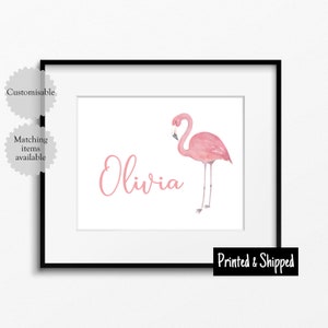 Impresión de nombre de flamenco personalizada en color rosa para guardería, póster decorativo para pared de habitación de bebé, con temática de pájaros, para niña, 5 x 7, 6 x 8, 8 x 10, A4, 11 x 14, A3, 30 x 40