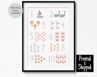 Cute Seaside Counting Print Educational Kids Nautical Playroom Poster Toddler Pastel Blue Red Childrens Bedroom Wall 8x10 11x14 A4 A3 30x40