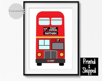Red Bus Personalised Print London Bus Name Poster Double Decker Wall Art Kids Toddler Gift Big Bright Cute 5x7 6x8 8x10 11x14 A4 A3 30x40