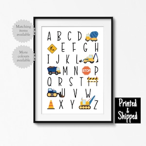 Póster con letras de construcción en azul marino y naranja con diseño de excavadora para guardería, arte de pared para niños pequeños, sala de juegos para bebés, 8 x 10 A4, 11 x 14 A3, 30 x 40 cm