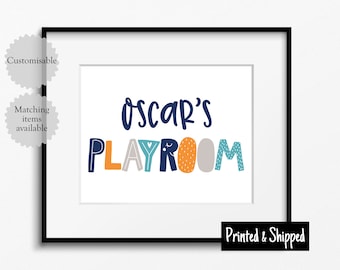 Playroom Name Sign Print Scandi Navy Teal Orange Grey Boys Girls Kids Toddler Childrens Wall Art Baby Nursery Gift 8x10 A4 11x14 A3 30x40cm