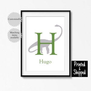 Impresión de letras de dinosaurio personalizadas para niños, póster con nombre de dinosaurio personalizado, arte de pared con inicial verde, sala de juegos para niños, dormitorio, 5 x 7, 6 x 8, 8 x 10, A4, 11 x 14, A3, 30 x 40