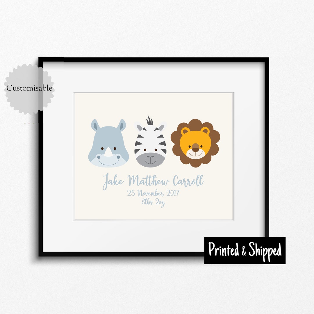 Safari Animals Birth Details Print Baby Stats Print Custom Nursery Gift ...