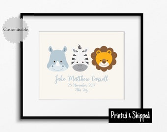 Safari Animals Birth Details Print Baby Stats Print Custom Nursery Gift Wall Art Decor Cute New Baby Boys Girls Neutral 8x10 A4 11x14 A3