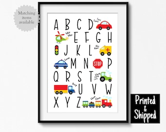 Transport Alphabet Print Transportation Nursery Wall Art Decor Boys Baby Kids Toddler Childs Bedroom Playroom Room 8x10 A4 A3 11x14 30x40