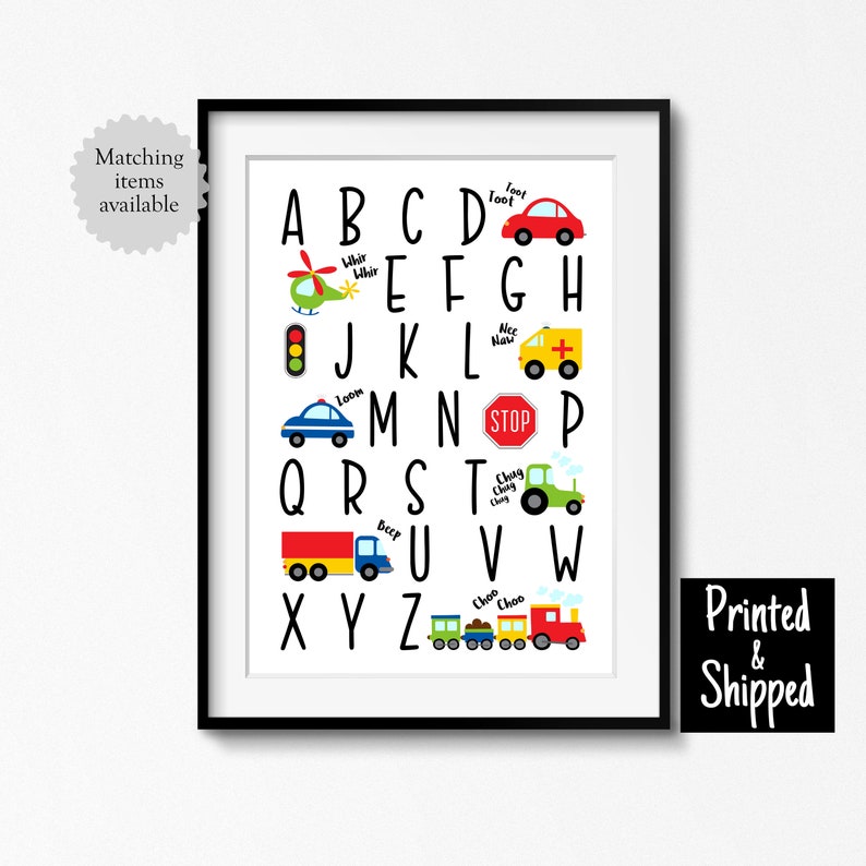 May include: A colorful alphabet chart featuring a different vehicle for each letter. The letters are in black and the vehicles are in various colors, including red, blue, green, yellow, and orange. The chart is framed in black.