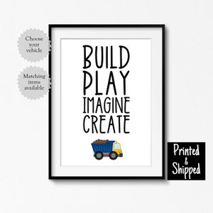 Navy Orange Construction Inspirational Print Build Play Imagine Create ...