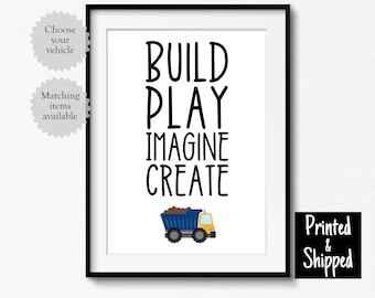 Navy Orange Construction Inspirational Print Build Play Imagine Create Playroom Wall Art Cute Fun Boy Toddler 5x7 6x8 8x10 A4 11x14 A3 30x40