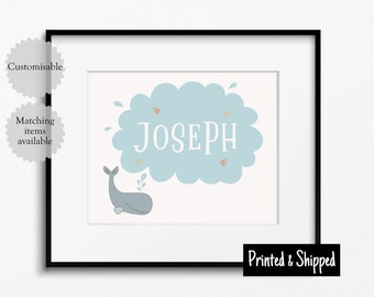 Cute Whale Baby Name Print Personalised Neutral Nautical Nursery Blue Grey Gift Boy Girls Bedroom Wall Art 5x7 6x8 8x10 11x14 A4 A3 30x40