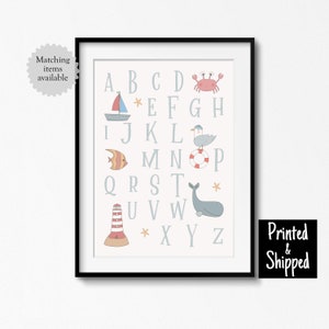 Lindo póster con alfabeto náutico para guardería con temática marina, ABC, para niños, dormitorio infantil, sala de juegos, arte de pared, 8 x 10, 11 x 14, A4, A3, 30 x 40